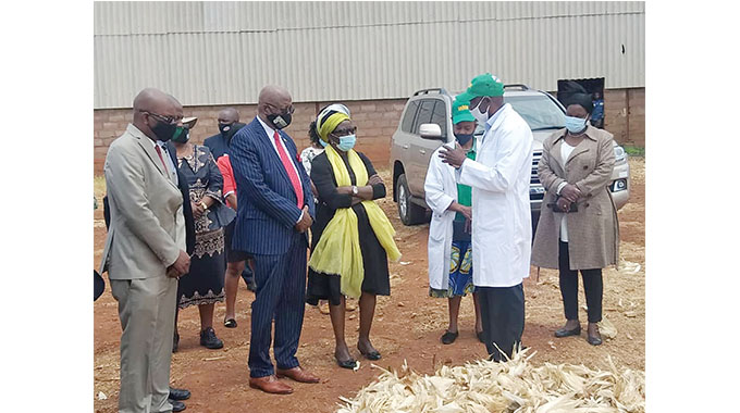 Industry and Cormerce Minister Dr Sekai Nzenza (centre), Midlands Provincial Affairs Minister Larry Mavima (second from left), Sable Chemicals CEO Bothwell Nyajeka (far left), Midlands Crop and Livestock Officer Mrs Medline Magwenzi (far right) listen as a Sable Chemicals staffer stresses a point during a tour of Sable Farm last Thursday
