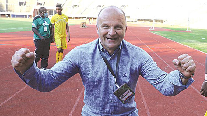 WHAT A CHARACTER . . .Warriors coach, Zdravko Logarusic, shows his boundless joy at the National Sports Stadium yesterday after his team produced a comeback for the ages to force a 2-2 draw against African champions, Algeria, in an AFCON qualifier. – Picture: Kudakwashe Hunda