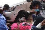 Five injured as car ploughs into bank queue Medical Staff help the injured after an accident in which a Nissan Navara veered off the road and rammed onto the former Post Office building along Leopold Takawira Avenue yesterday…Pic By Dennis Mudzamiri…