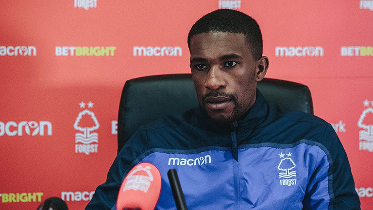 Nottingham Forest right-back Tendayi Darikwa speaks to the media ahead of a match against Sheffield United in 2018.