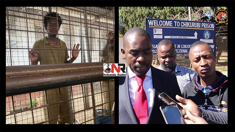 Alan Moyo (left) in prison and opposition leader Nelson Chamisa during a visit to Chikurubi Maximum Security Prison