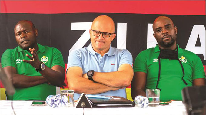 CALM BEFORE THE STORM... Warriors coach Zdravko Logarusic (centre) and his assistants Lloyd Chitembwe (left) and Tonderayi Ndiraya address the media ahead of their CHAN opener against the Indomitable Lions of Cameroon in Yaounde this evening.