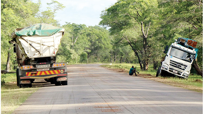 A heavy vehicle truck is stuck in sand after the driver pulled off from the bad road (right) along Bulawayo-Victoria Falls Road while the other haulage truck driver negotiates his way past potholes. Picture right: The bad state of a section of the Bulawayo-Victoria Falls Road