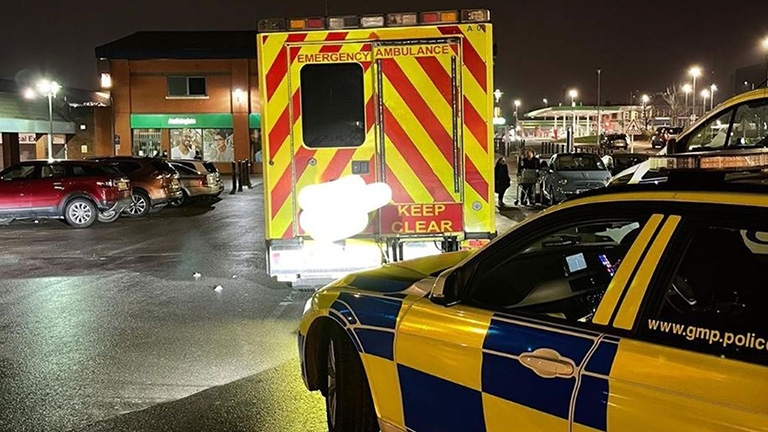 The ambulance was spotted pulling into Asda in Harpurhey, Manchester. Pic: Twitter/@gmptraffic