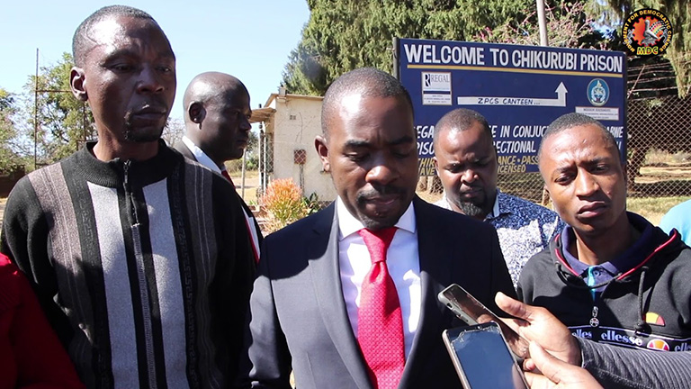 Opposition leader Nelson Chamisa during a visit to Chikurubi Maximum Security Prison