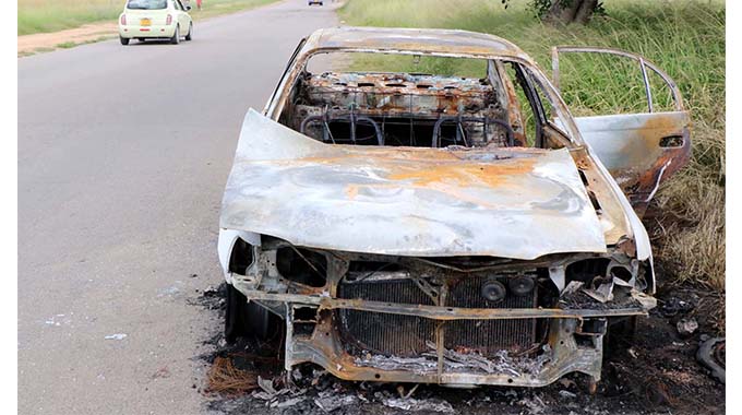 Wreckage of a car that caught fire in Cowdray park in Bulawayo recently