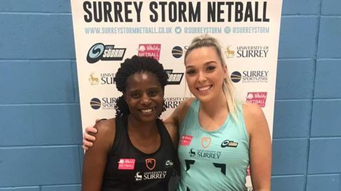 Zimbabwe netball team captain Felisitus Kwangwa (left) enjoys the company of her new teammate at Surrey Storm in the UK