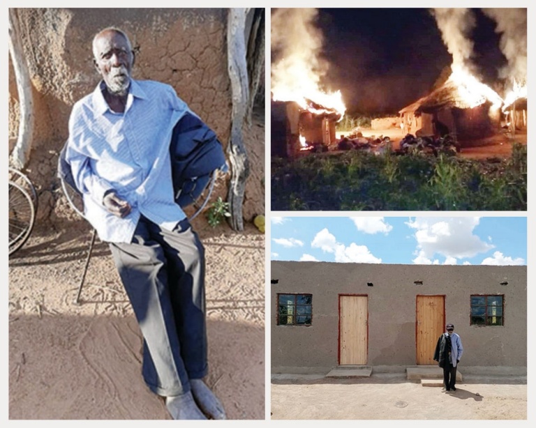 The Phiri homestead goes up in flames (top right) and Mr Lewis Phiri outside his new house (bottom right)