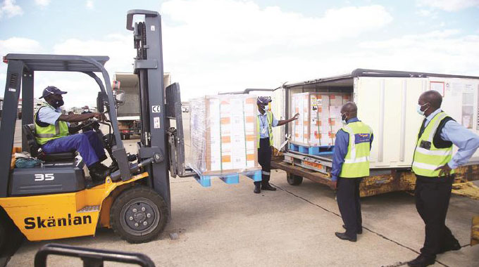 Part of the consignment of Sinovac Covid-19 vaccines procured by Zimbabwe from China that arrived at Robert Gabriel Mugabe International Airport in Harare yesterday
