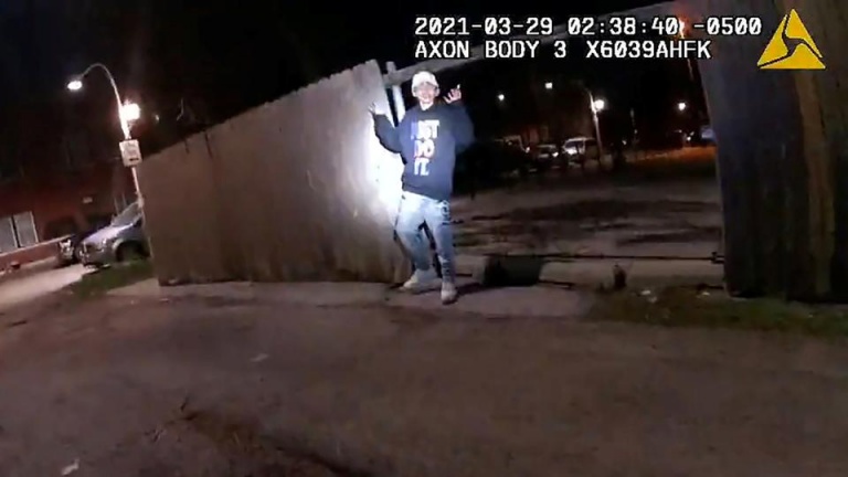 A screen grab from body cam images released by the Civilian Office of Police Accountability on April 15, 2021 shows the police shooting of 13-year-old Adam Toledo in Chicago, Illinois on March 29, 2021