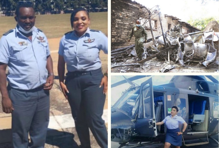 Wing Commander Manyowa (left) and Flight Lieutenant Mapiye. Group Captain Maxwell Sakupwanya (right) inspects the wreckage of an Air Force of Zimbabwe Agusta Bell 412 helicopter. — Pictures: Tawanda Mudimu