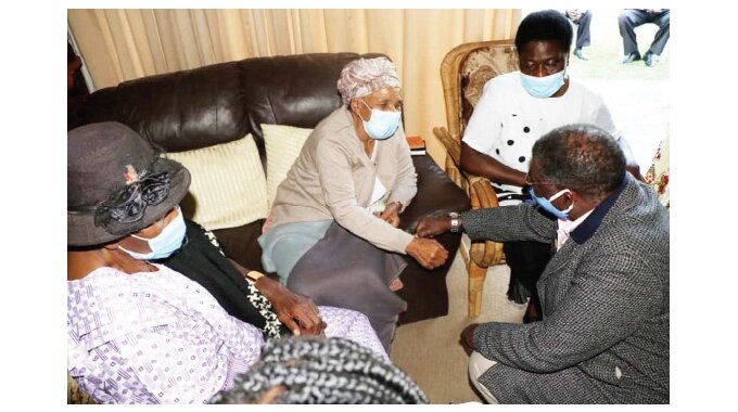 Mourners greet wife of the late Dr Michael Ndubiwa Mrs Lydia Ndubiwa at the funeral wake in Woodlands suburb in Bulawayo yesterday. On the right is Bulawayo Minister of State for Provincial Affairs and Devolution Honourable Judith Ncube and Bulawayo Senator Molly Mpofu (left)