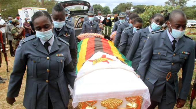 Air Force of Zimbabwe Pallbearers carry a casket bearing the body of the late Flight Lieutenant Anita Mapiye on arrival for burial at Glen Forest Memorial Park in Hatcliffe, Harare, yesterday – Picture: Kudakwashe Hunda