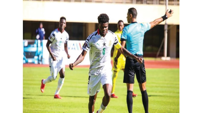 Ghana’s Thomas Partey celebrates scoring a free kick against Zimbabwe