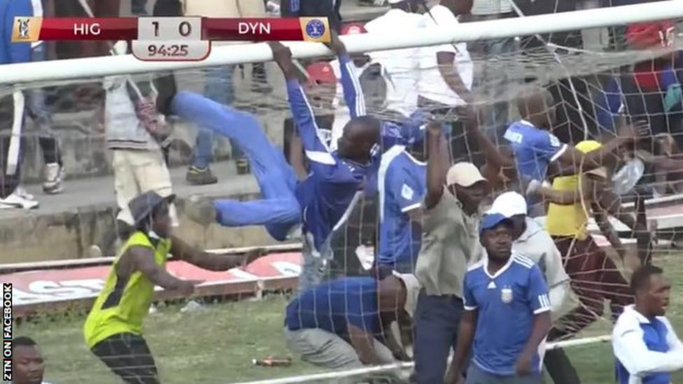 Dynamos fans invaded the pitch and vandalised a goal after Highlanders scored in added time