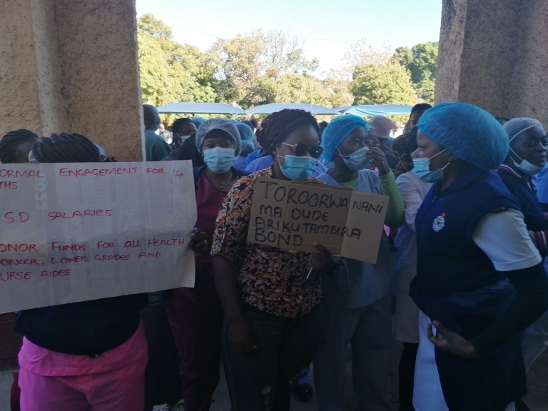 Healthcare practitioners on Monday staged a peaceful demonstration at the country's biggest public hospital, Parirenyatwa. Anti-riot police were deployed but the demonstrators managed to send their message of incapacitation to the government.