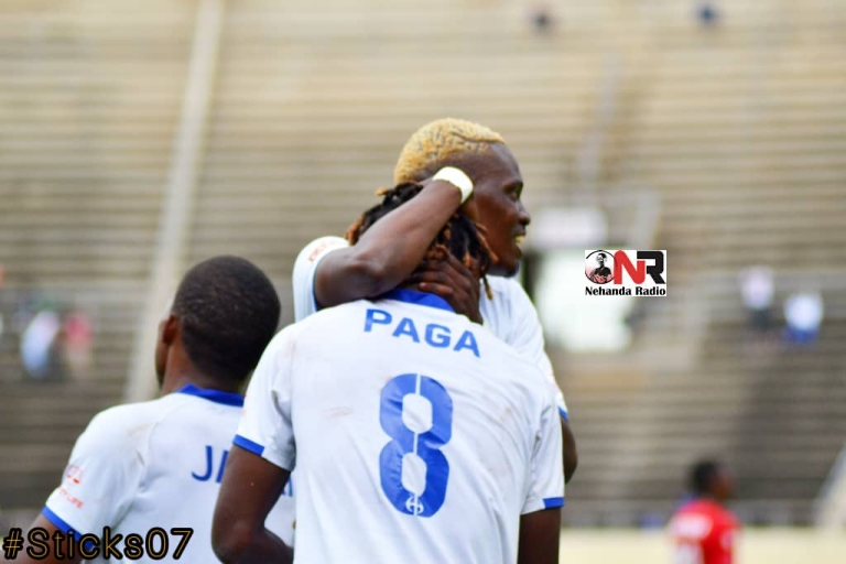 Celebration time, Denver Mukamba hugs Emmanuel Paga after the latter scored the fourth goal for DeMbare in March 2023 (Picture via Tafadzwa 'Sticks" Chigandiwa)