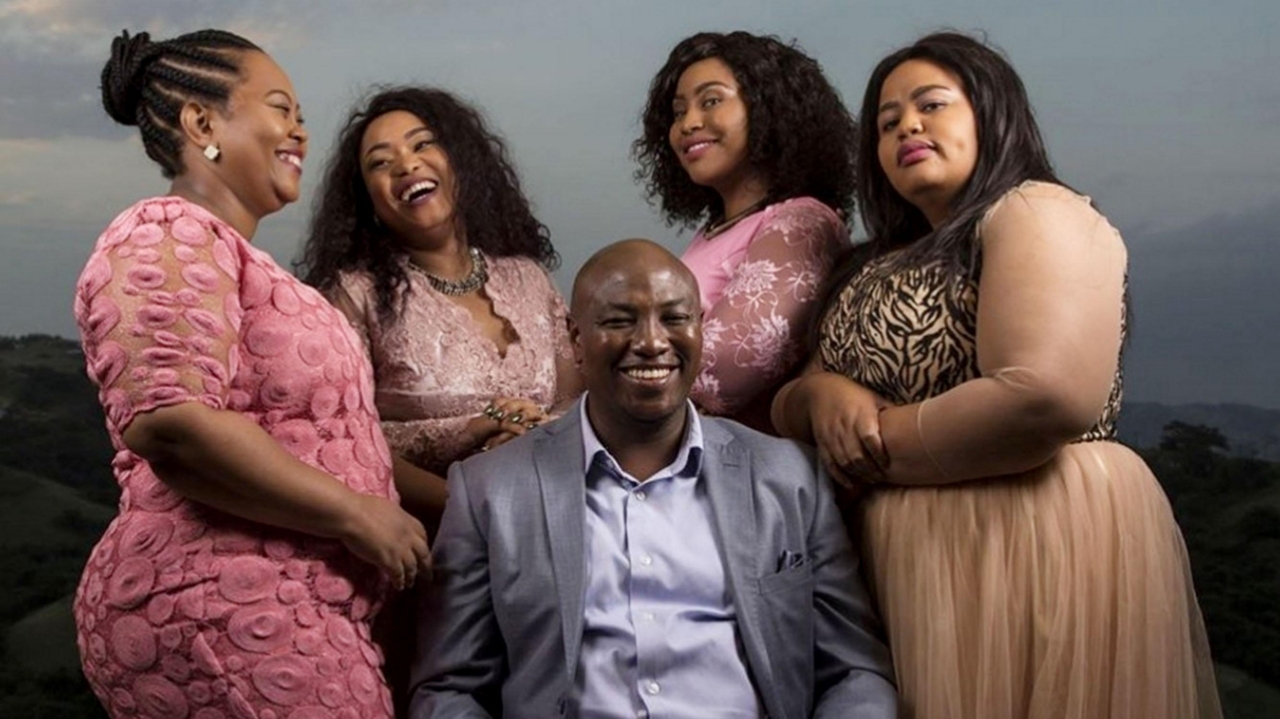 Musa Mseleku and his four wives. Each has a luxury home at his estate in KwaZulu-Natal (Picture via MZANSI MAGIC)