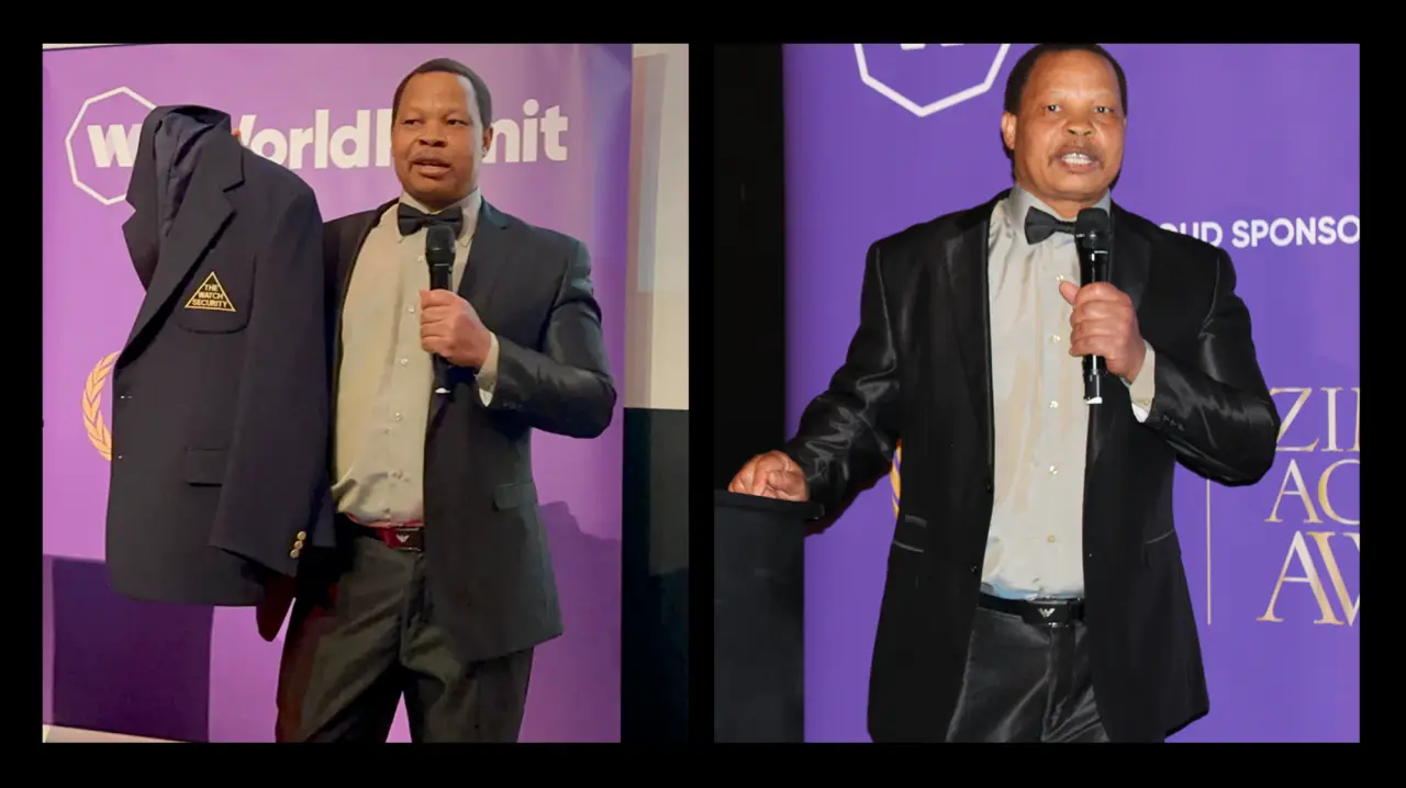 Jeff Madzingo, the CEO of Diaspora Insurance went on stage holding a blue jacket emblazoned ‘The Watch Security’. He said the jacket was his uniform then, more than a decade ago. (Pictures via NewZimbabwe.com)