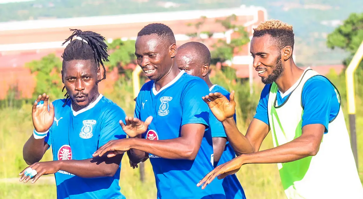 Former Warriors and Dynamos' full back Ocean Mushure (centre) celebrates a goal in April 2022 for his team Kabwe Warriors against Kafue Celtic (Picture via Kabwe Warriors)