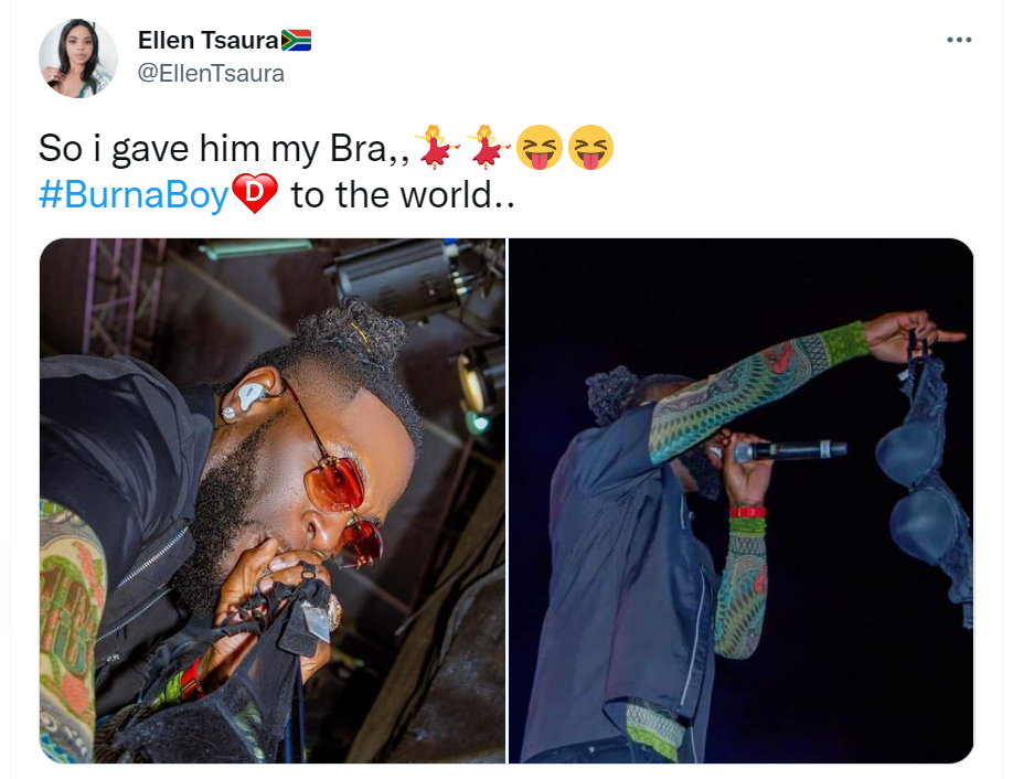 Bra throwing Ellen Tsaura's smitten Burna Boy tribute headlines in