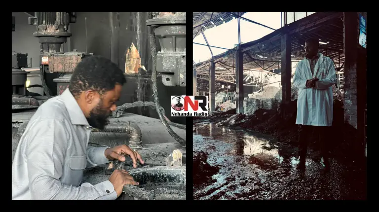 Tinashe Mutarisi at his burnt out Nash Paints factory in Graniteside