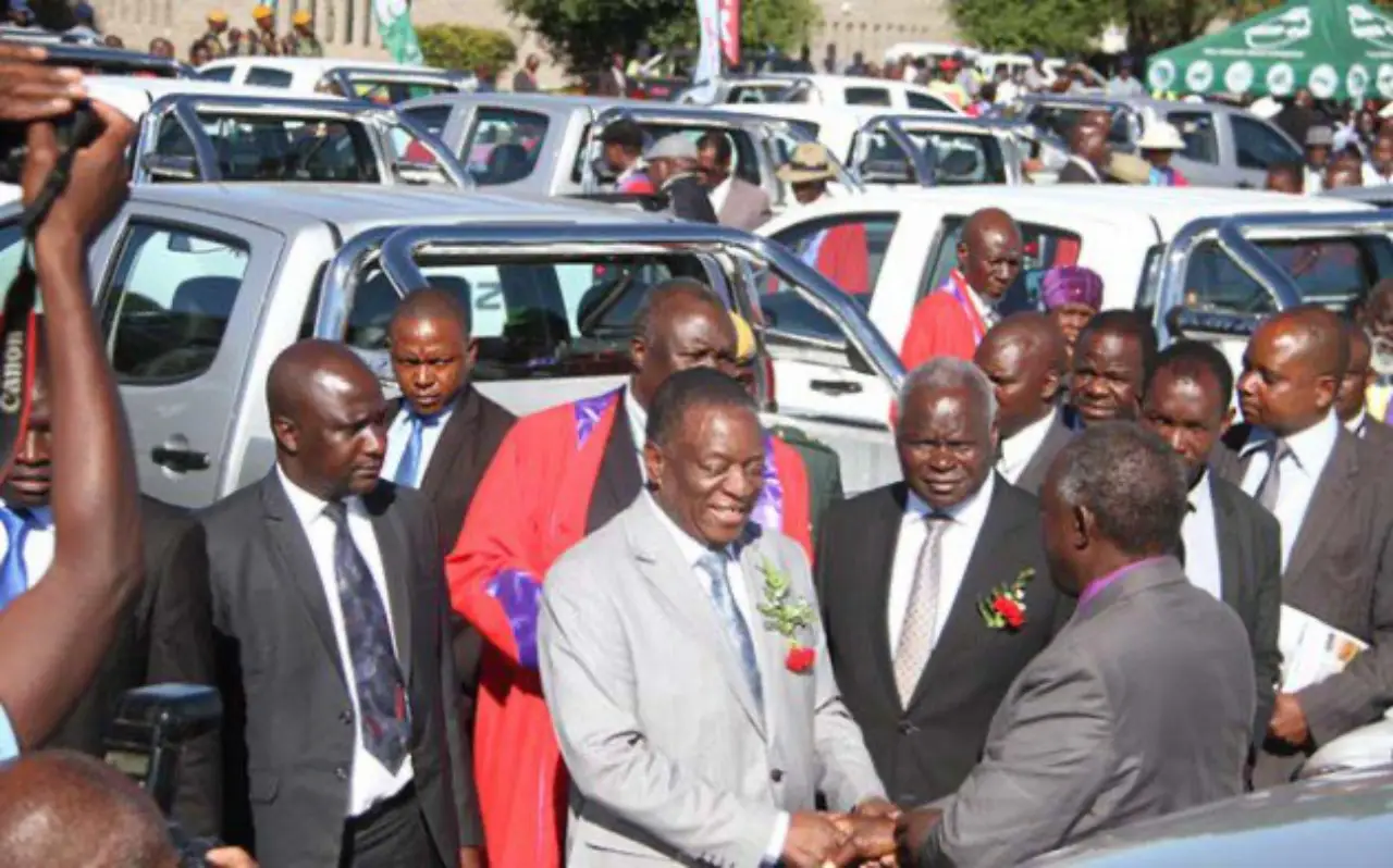 FILE PICTURE of President Emmerson Mnangagwa handing over Isuzu twin cabs to chiefs in 2018 just before elections