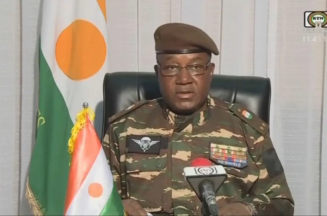 This video frame grab image from ORTN – Télé Sahel on July 28, 2023 shows General Abdourahamane Tchiani, Niger's new strongman, speaking on national television