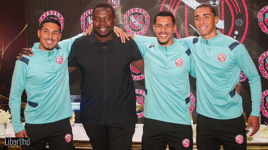 Yadah FC owner and president Prophet Walter Magaya poses for a photo with the trio of newly signed Brazilian players in July 2023. (Picture via Libertino)