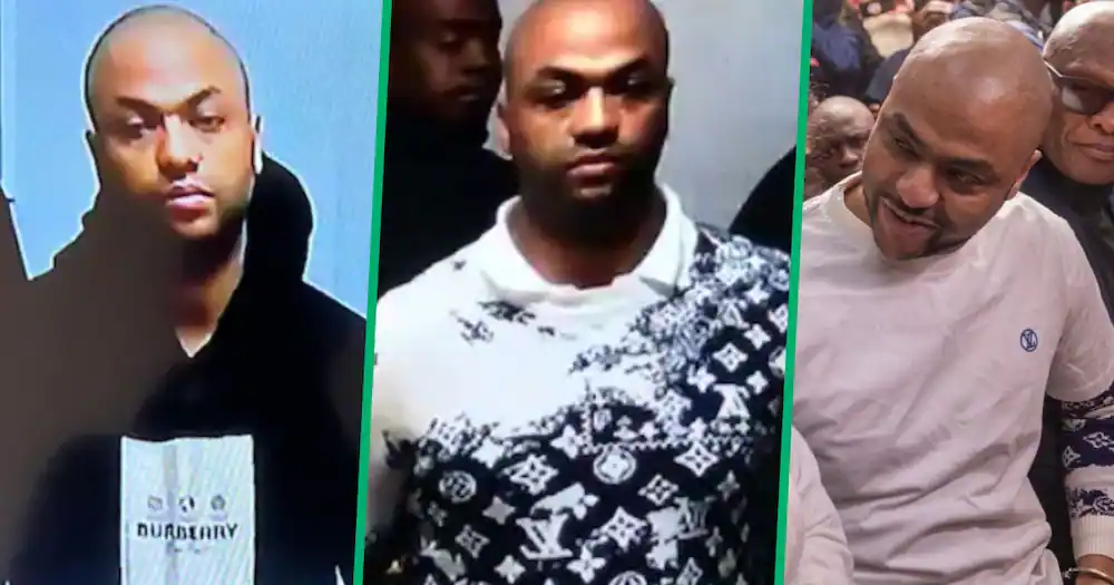 Thabo Bester has sparked controversy by rocking designer Burberry and Louis Vuitton clothes in court. Image: @AdvoBarryRoux/Twitter, @Chriseldalewis/Twitter: Source: UGC