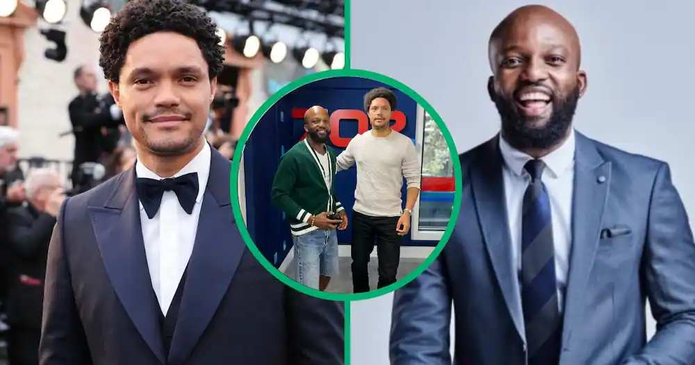 Radio host Clement Manyathela was roasted for his lack of composure when he interviewed Trevor Noah on 'The Clement Manyathela Show' on 702. (Images: @AdvoBarryRoux, @TheRealClementM Source: Twitter)