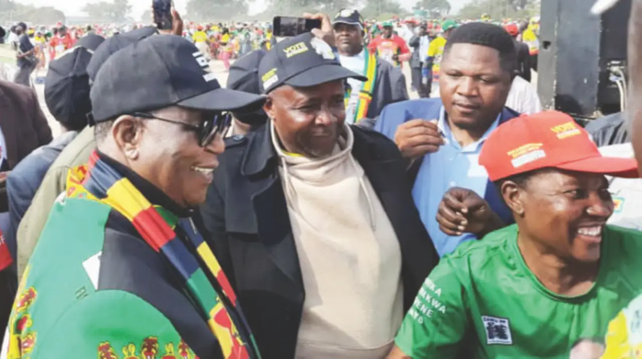 Vice President Constantino Chiwenga, flanked by party officials, bids farewell to thousands of Zanu PF supporters who attended the ruling party’s rally at Chingai Secondary School in Gutu - July 2023 (Picture via The Herald)