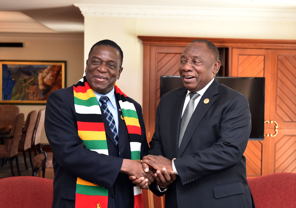 South African President Cyril Ramaphosa meets with Emmerson Mnangagwa President of the Republic of Zimbabwe on the margins of the second day of the 32nd Ordinary Session of the Assembly of African in Ethiopia. [Photo: GCIS]
