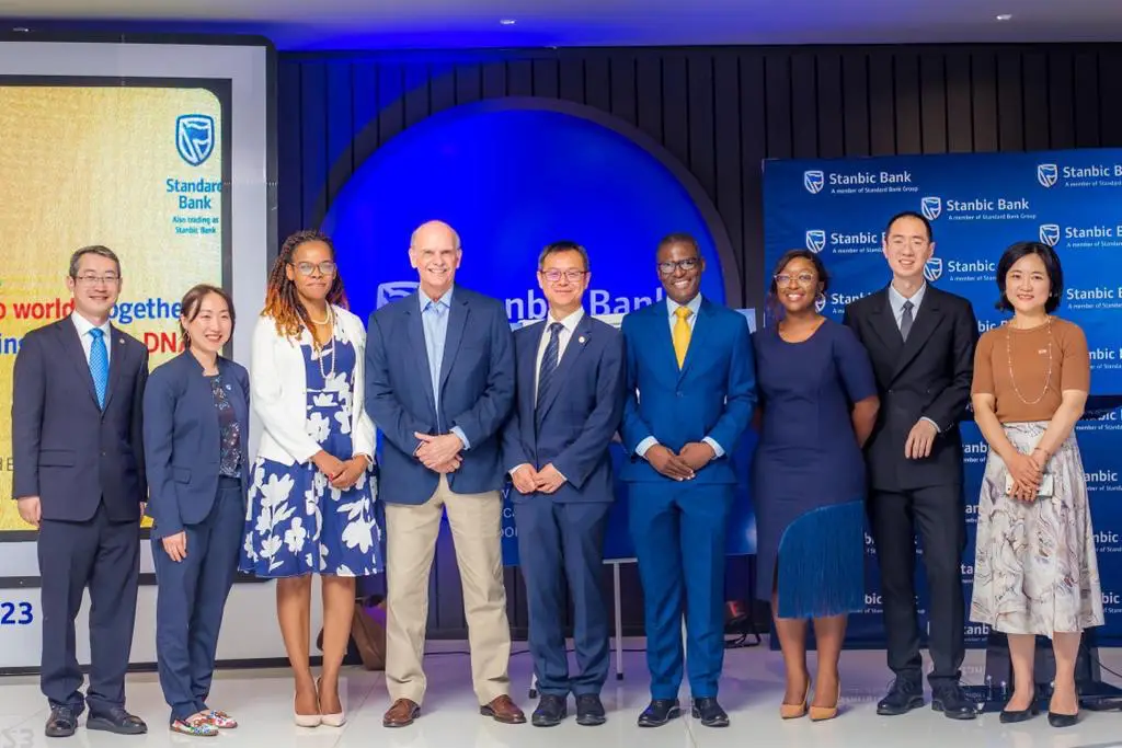 Stanbic Bank Board Chairman, Gregory Sebborn (fourth from left), Chief Executive, Solomon Nyanhongo (fourth from right), non-executive board member, Nellie Tiyago-Jinjika (third from left) and representatives from Standard Bank Group and ICBC in a group photo at the China Stanbic day business conference. (Image supplied)