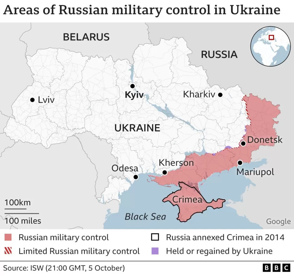 Areas of Russian military control in Ukraine