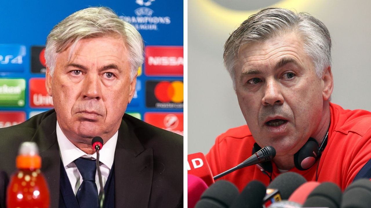 Carlo Ancelotti at a post-game press-conference after a Champions League game between FC Bayern Munich and FC Rostov (Picture via https://www.soccer.ru/ and Paris St. Germain coach Carlo Ancelotti attending a Press conference in Doha. (Picture via Mohan (www.dohastadiumplusqatar.com)
