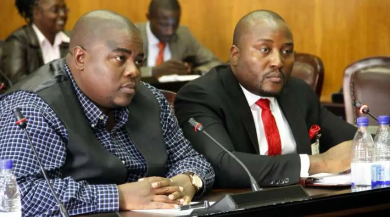 Mr Wicknell Chivayo (left) and Intratek lawyer Mr Bruce Tokwe giving evidence to members of the parliamentary portfolio committee on Mines and Energy in 2018. (Picture by John Manzongo)