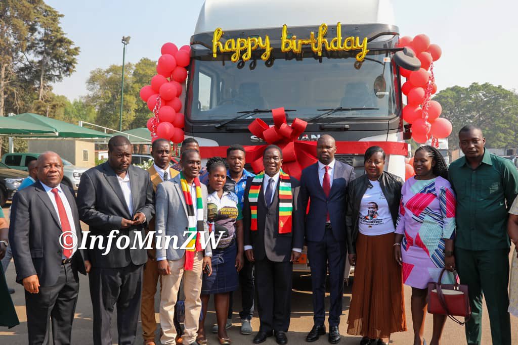 Youth Affairs Minister Tino Machakaire who is also a Zanu-PF Politburo member and National Secretary for the Youth League, gifted President Emmerson Mnangagwa a Shacman haulage truck at State House for his 82nd birthday (Picture via X - Ministry of Information)