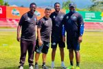 Ex-Warriors midfielder Kutinyu relishes working under new coach at Singida Black Stars Tafadzwa Kutinyu (third from left) posing for photo with the Singida Black Stars technical team including the team's new coach Hamdi Miloud (second from left) who he says he is enjoying working under him. (Picture via Singida Black Stars)