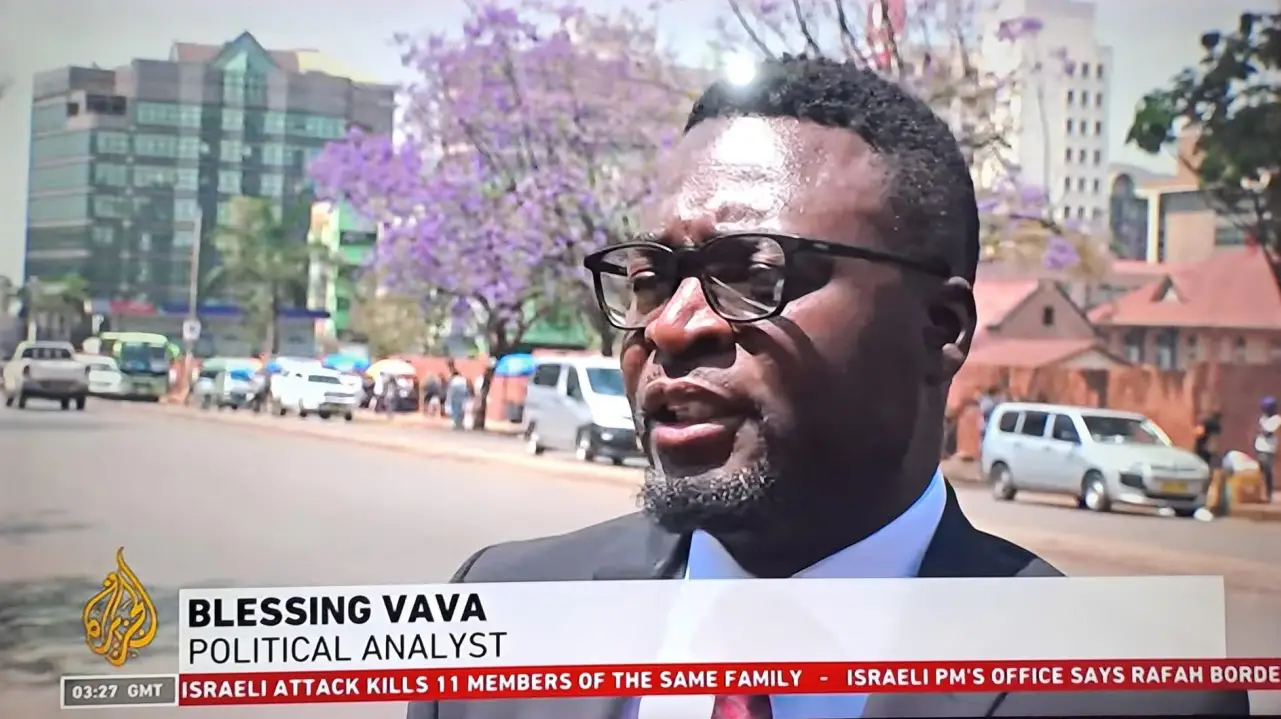 Zimbabwean political analyst Blessing Vava during an appearance on Al Jazeera TV (Picture via AlJazeera TV)