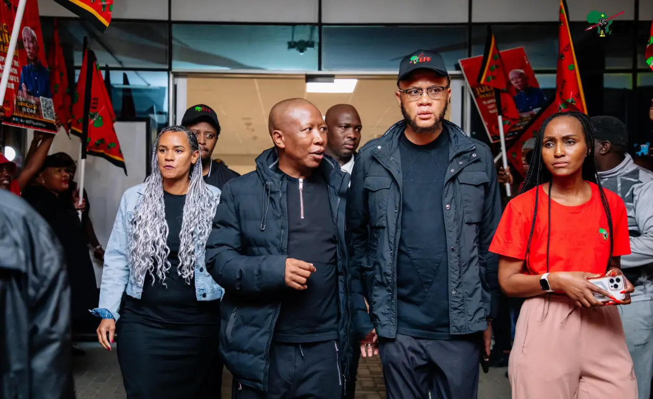 Economic Freedom Fighters leader Julius Malema being received by party officials at King Phalo Airport in East London, 14 April 2026 (Picture via X - Economic Freedom Fighters)