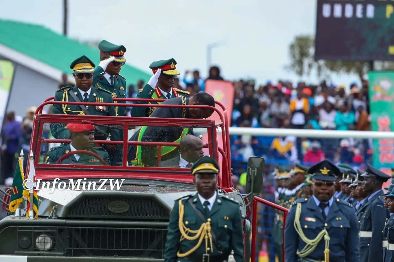 President Emmerson Mnangagwa inspects the Parade, at Maphisa Stadium for the Independence Day celebrations, 18 April 2026 (Picture via Ministry of Information)