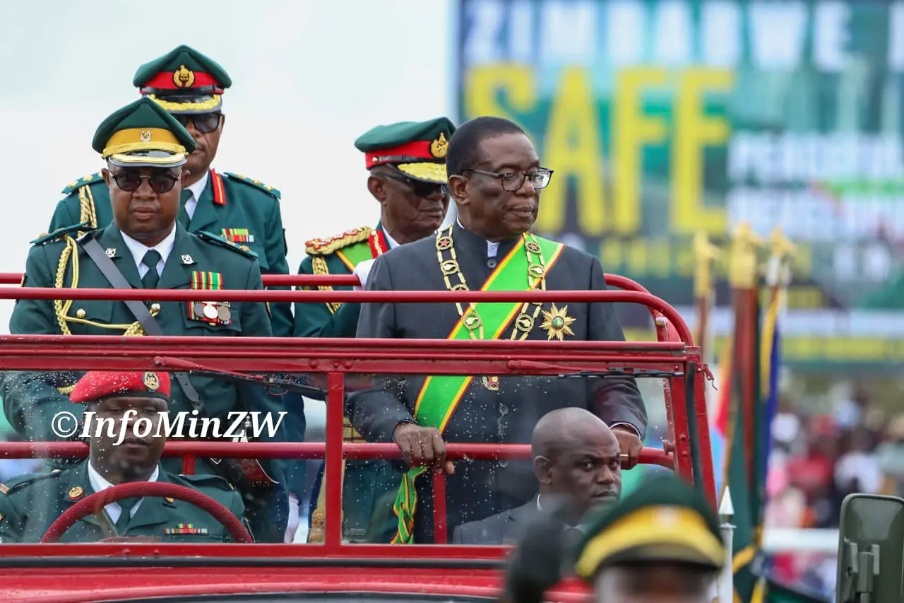 President Emmerson Mnangagwa inspects the Parade, at Maphisa Stadium for the Independence Day celebrations, 18 April 2026 (Picture via Ministry of Information)