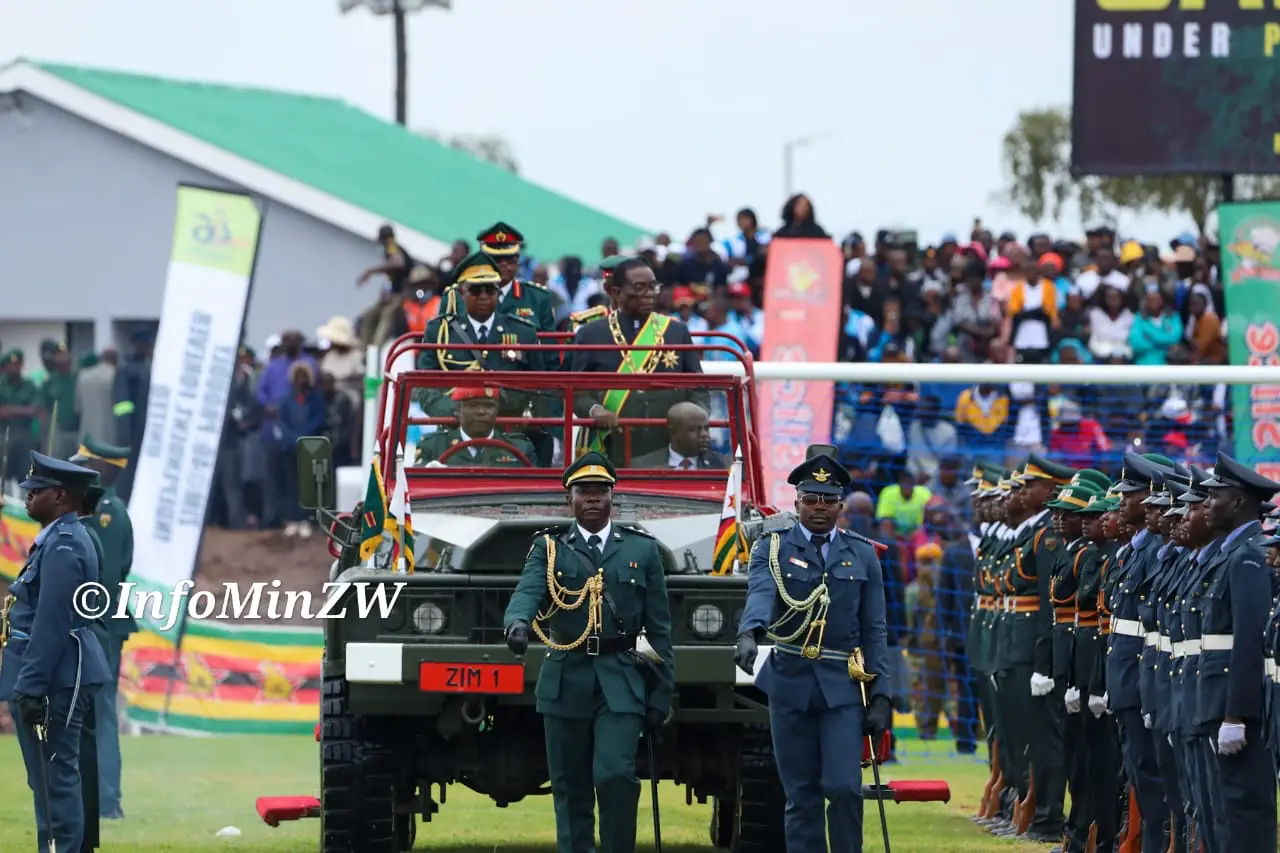 President Emmerson Mnangagwa inspects the Parade, at Maphisa Stadium for the Independence Day celebrations, 18 April 2026 (Picture via Ministry of Information)