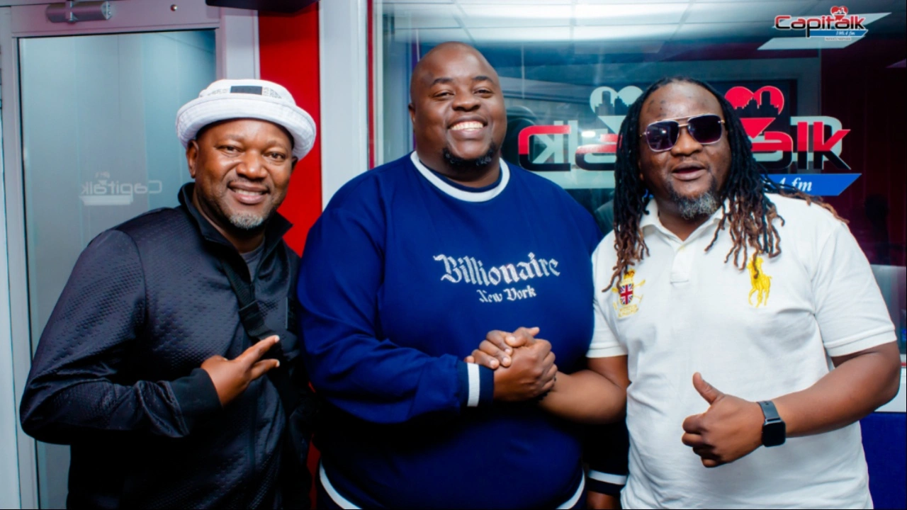 Wicknell Chivayo (centre) seen during his studio interview with Phathisani Sibanda (left) on May 5, 2026 (Picture via Capitalk FM)