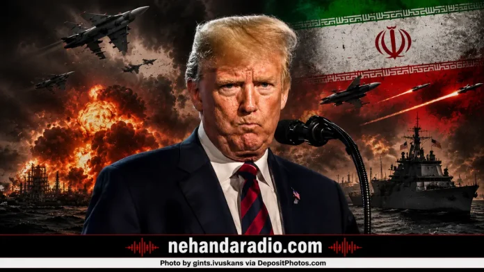 US President Donald Trump and a graphic illustration of the war with Iran (Picture of Donald Trump via gints.ivuskans via DepositPhotos.com)