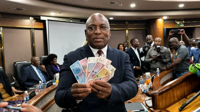 John Mushayavanhu, then the new governor or the Reserve Bank of Zimbabwe, displays new banknotes of the country's currency to reporters, in Harare, April 5, 2024. (Columbus Mavhunga/VOA)