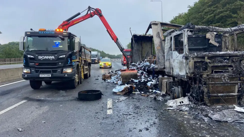 Grab lorries have been used to remove the fire damaged contents from the HGVs (Picture via T J Cottis Transport Ltd)